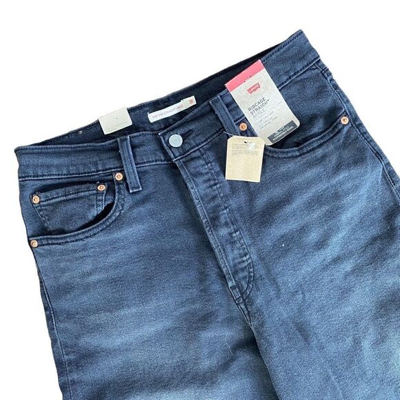 Levi's Premium Ribcage Straight Ankle Jeans Black Size 31X27 Revolve Button Fly - Picture 5 of 7